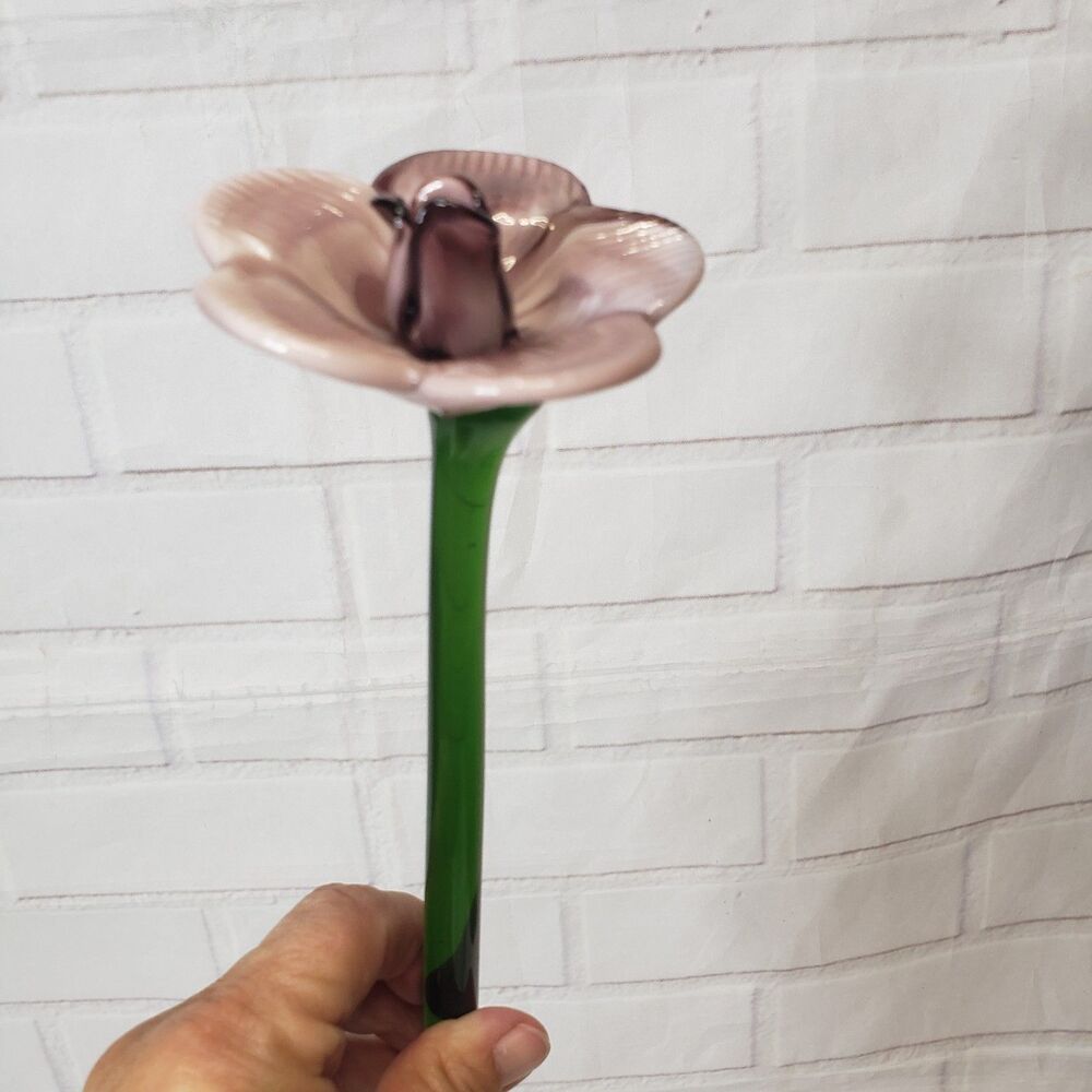 Vintage Lampwork Art Glass Long Stem Purple Amethyst Flower Bloom Sculpture 19"